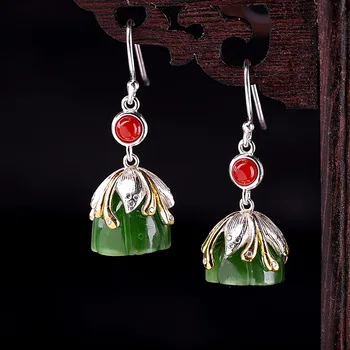 Gamintojai, tiesiogiai mados mados auskarai S925 sterlingas sidabro juvelyriniai dirbiniai moterų Hetian jasper lotus auskarai